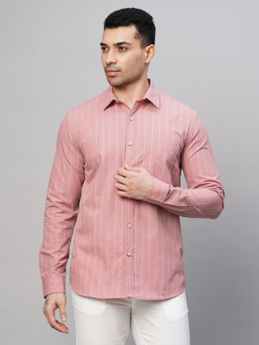 Men's Pink Cotton Regular Fit Striped Shirt - Image 2