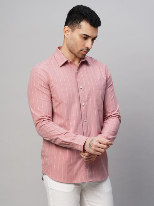 Men's Pink Cotton Regular Fit Striped Shirt - Image 4