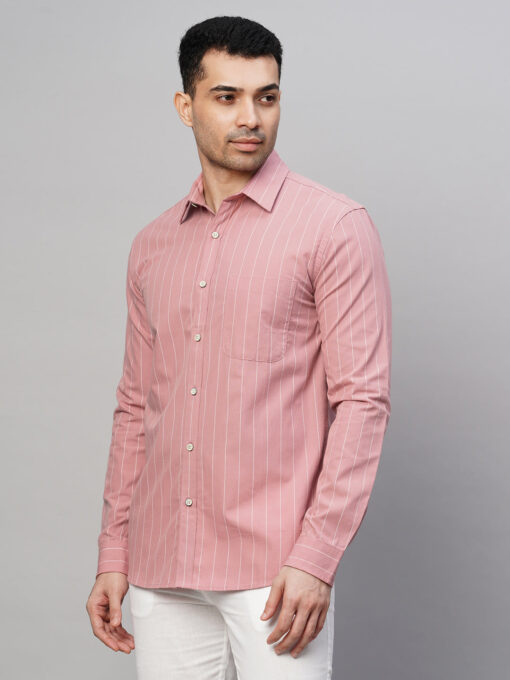 Men's Pink Cotton Regular Fit Striped Shirt - Image 3