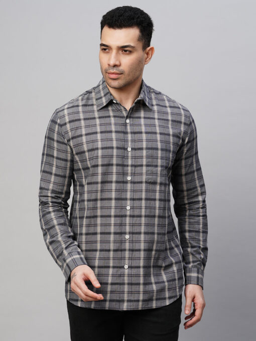 Men's Grey Cotton Regular Fit Checked Shirt - Image 2