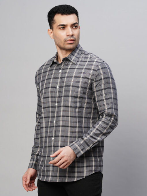 Men's Grey Cotton Regular Fit Checked Shirt - Image 3