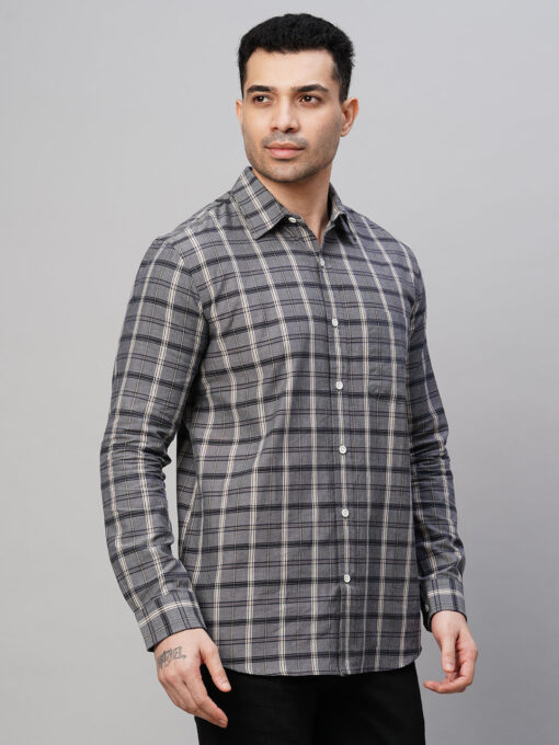 Men's Grey Cotton Regular Fit Checked Shirt - Image 4