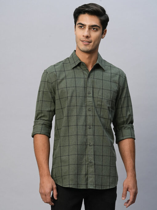 Men's Green Cotton Regular Fit Checked Shirt - Image 2