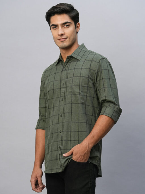 Men's Green Cotton Regular Fit Checked Shirt - Image 3