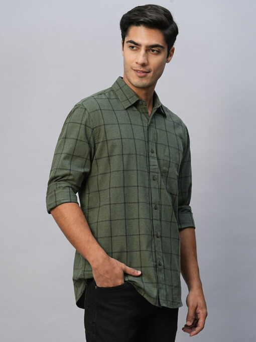 Men's Green Cotton Regular Fit Checked Shirt - Image 4