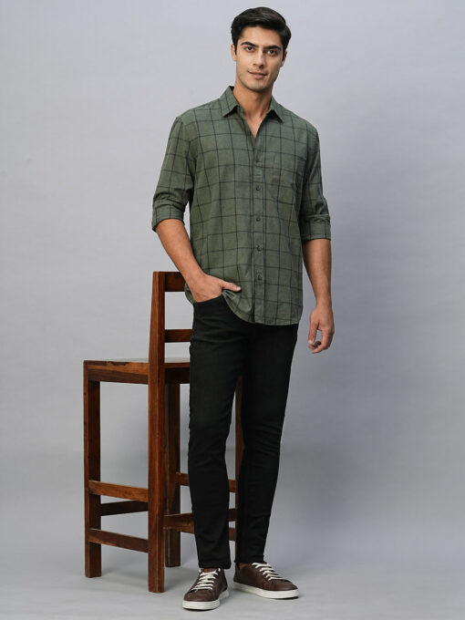 Men's Green Cotton Regular Fit Checked Shirt