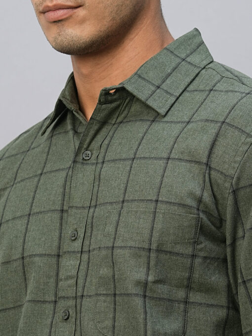 Men's Green Cotton Regular Fit Checked Shirt - Image 7