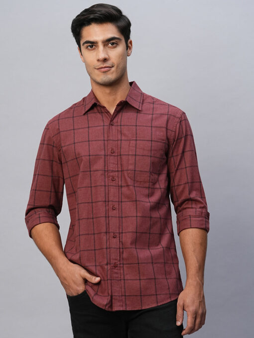 Men's Maroon Cotton Regular Fit Checked Shirt - Image 2