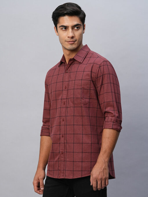 Men's Maroon Cotton Regular Fit Checked Shirt - Image 3