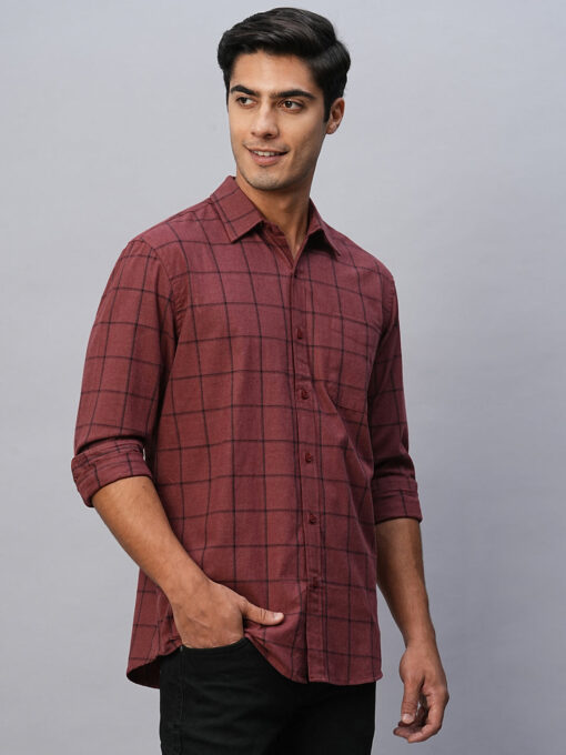 Men's Maroon Cotton Regular Fit Checked Shirt - Image 4