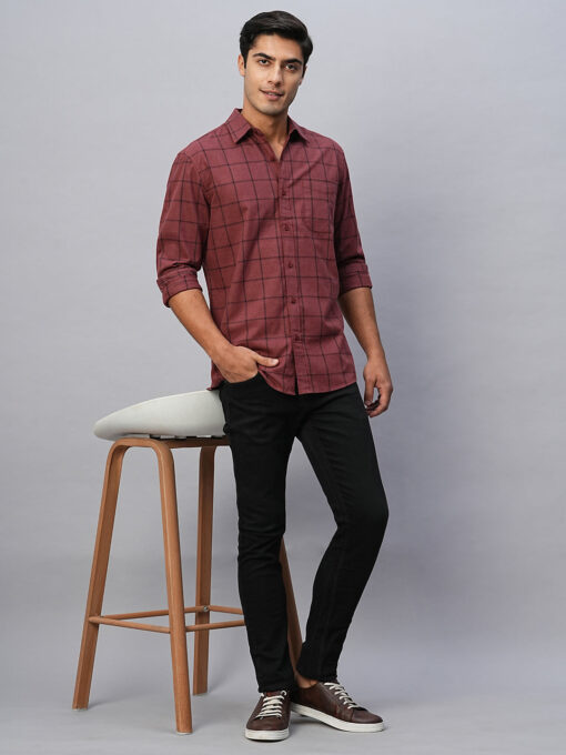 Men's Maroon Cotton Regular Fit Checked Shirt