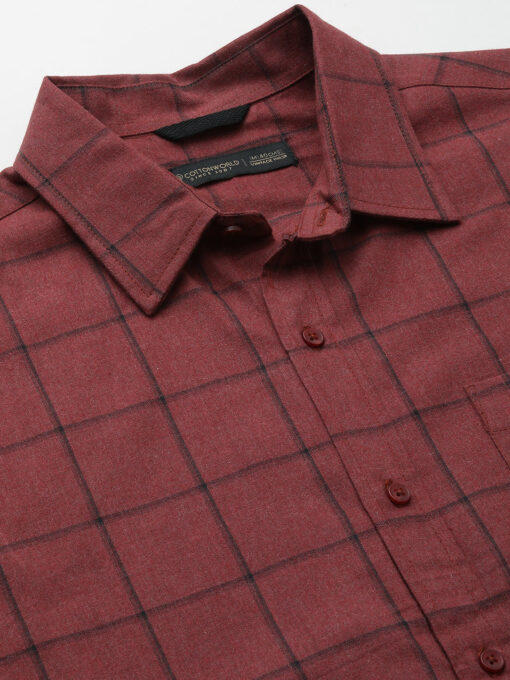 Men's Maroon Cotton Regular Fit Checked Shirt - Image 8