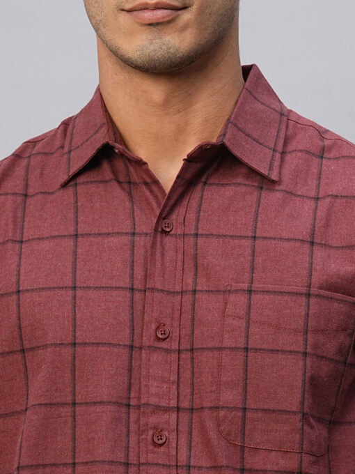 Men's Maroon Cotton Regular Fit Checked Shirt - Image 6