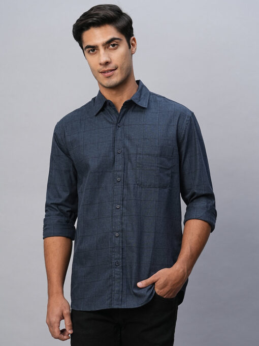 Men's Navy Cotton Regular Fit Checked Shirt - Image 2