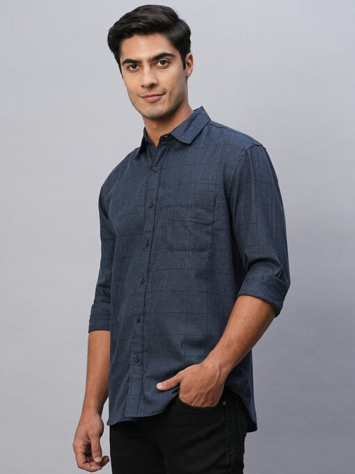 Men's Navy Cotton Regular Fit Checked Shirt - Image 3