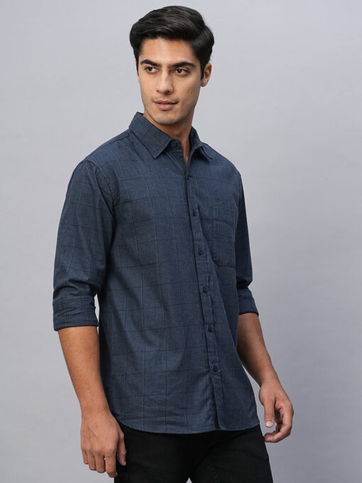 Men's Navy Cotton Regular Fit Checked Shirt - Image 4