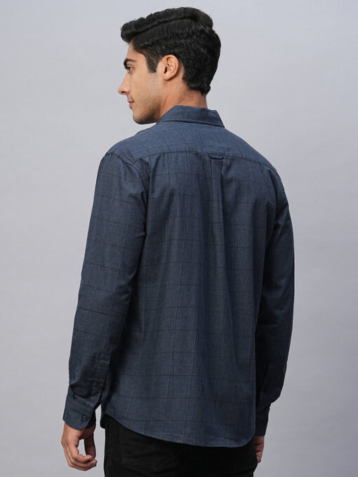 Men's Navy Cotton Regular Fit Checked Shirt - Image 5