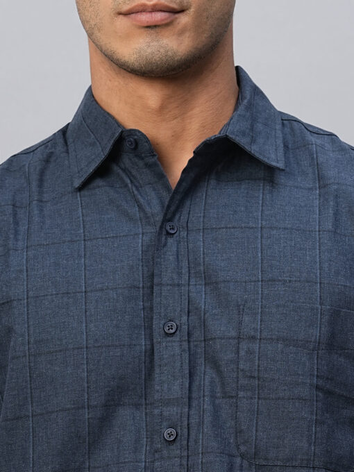 Men's Navy Cotton Regular Fit Checked Shirt - Image 6