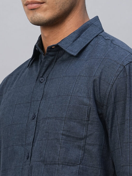 Men's Navy Cotton Regular Fit Checked Shirt - Image 7