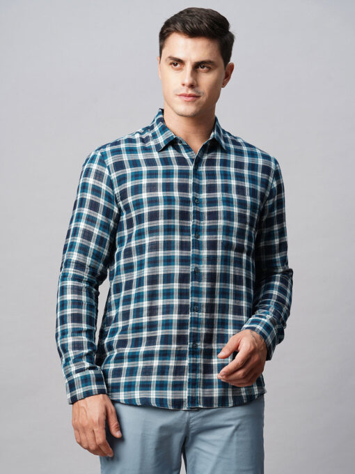 Men's Teal Cotton Regular Fit Checked Shirt - Image 2