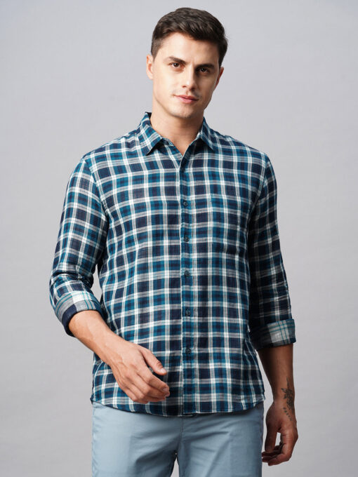 Men's Teal Cotton Regular Fit Checked Shirt - Image 3