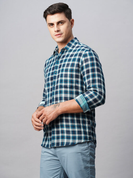 Men's Teal Cotton Regular Fit Checked Shirt - Image 4