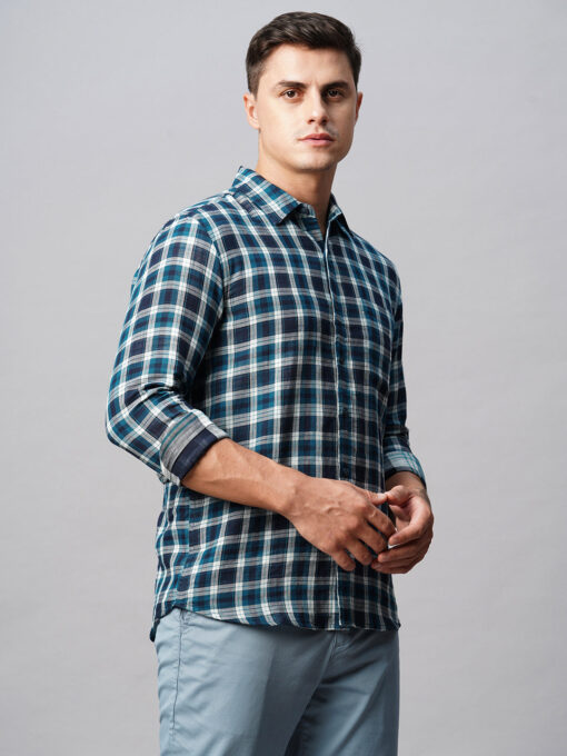 Men's Teal Cotton Regular Fit Checked Shirt - Image 5