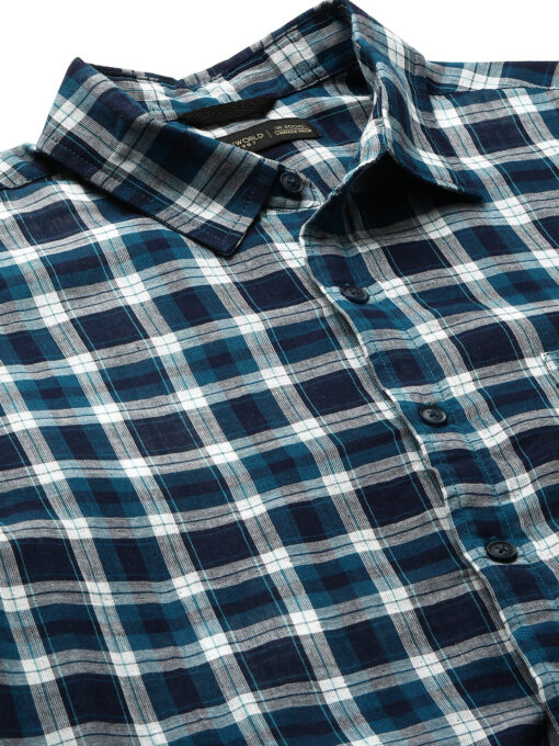 Men's Teal Cotton Regular Fit Checked Shirt - Image 9