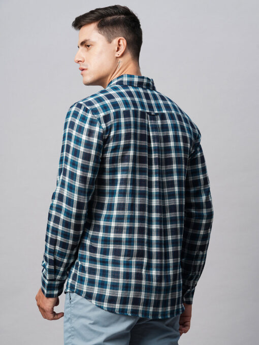 Men's Teal Cotton Regular Fit Checked Shirt - Image 6