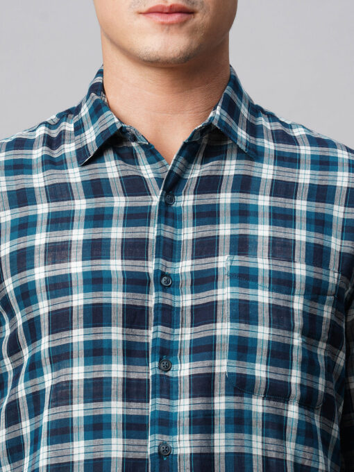 Men's Teal Cotton Regular Fit Checked Shirt - Image 7