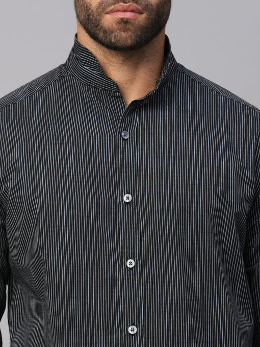 Men's Navy/White Cotton Slim Fit Striped Shirt - Image 6