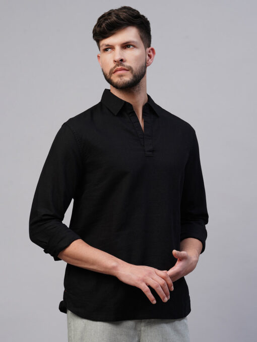 Men's Black 100% Linen Kurta Shirt - Image 4