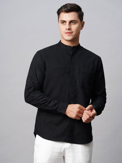 Men's Black Cotton Linen Regular Fit Shirt - Image 2