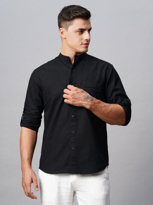 Men's Black Cotton Linen Regular Fit Shirt - Image 3