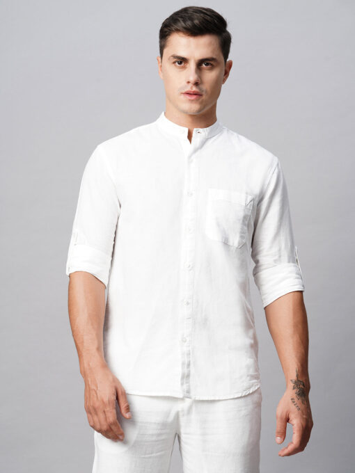 Men's White Cotton Linen Regular Fit Shirt - Image 3