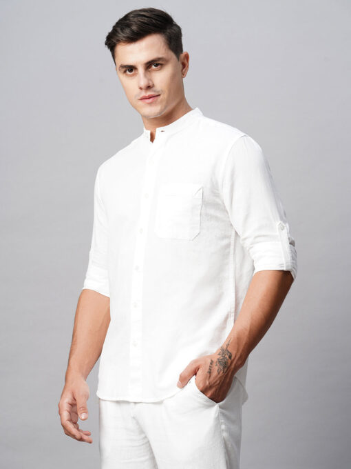 Men's White Cotton Linen Regular Fit Shirt - Image 4