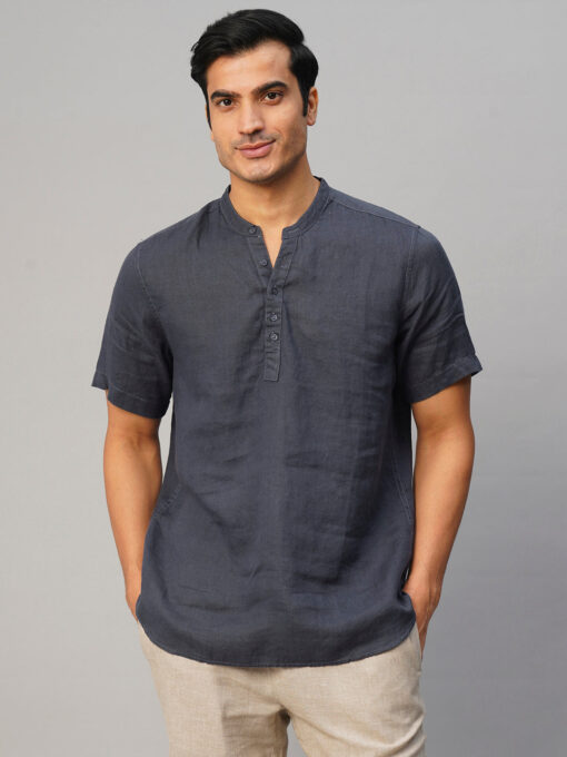 Men's Navy 100% Linen Slim Fit Shirt - Image 2