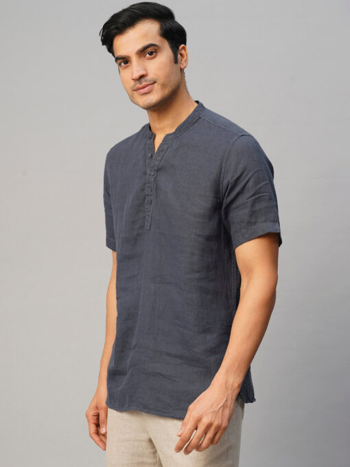 Men's Navy 100% Linen Slim Fit Shirt - Image 3