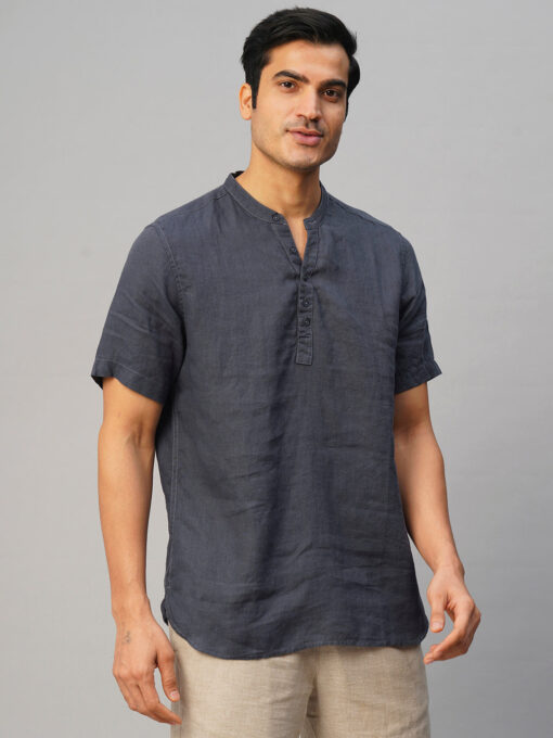 Men's Navy 100% Linen Slim Fit Shirt - Image 4