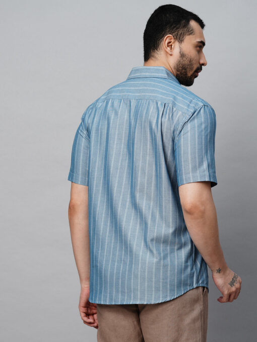 Men's Blue Cotton Regular Fit Striped Shirt - Image 4