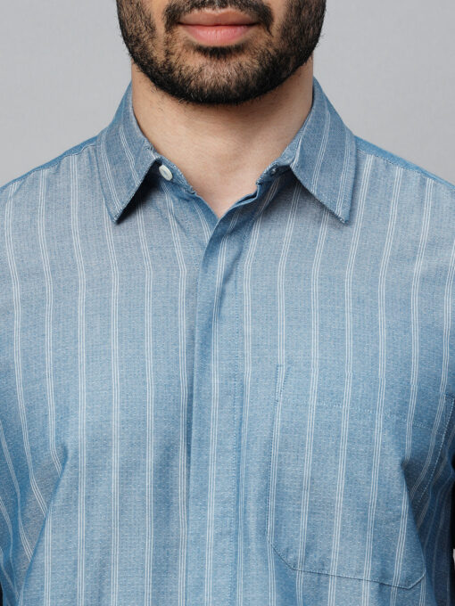 Men's Blue Cotton Regular Fit Striped Shirt - Image 6