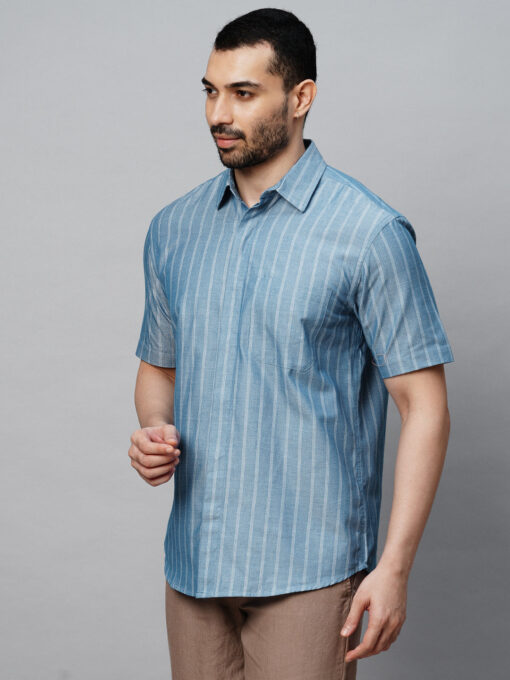 Men's Blue Cotton Regular Fit Striped Shirt - Image 2