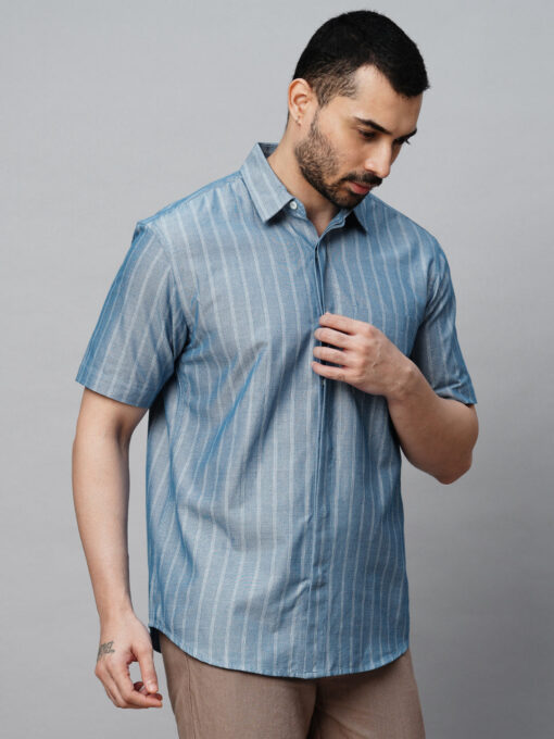 Men's Blue Cotton Regular Fit Striped Shirt - Image 3