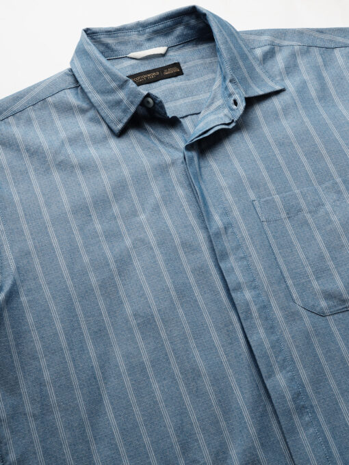 Men's Blue Cotton Regular Fit Striped Shirt - Image 5