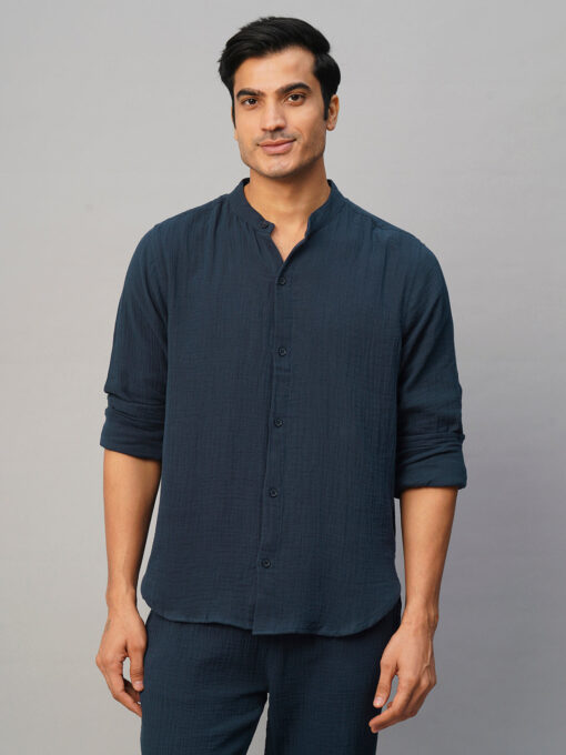 Men's Navy Cotton Loose Fit Shirt - Image 2