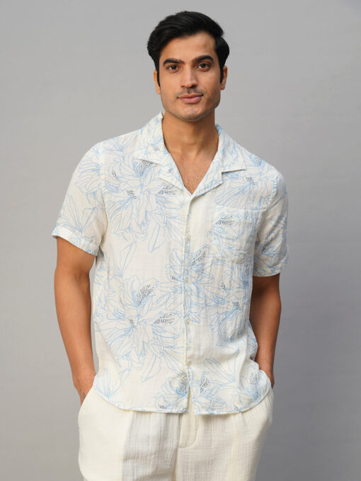 Men's Blue Cotton Loose Fit Printed Shirt - Image 2