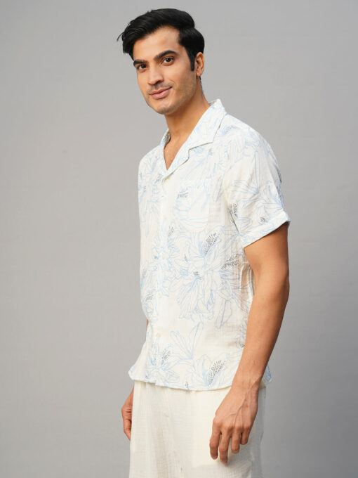 Men's Blue Cotton Loose Fit Printed Shirt - Image 3