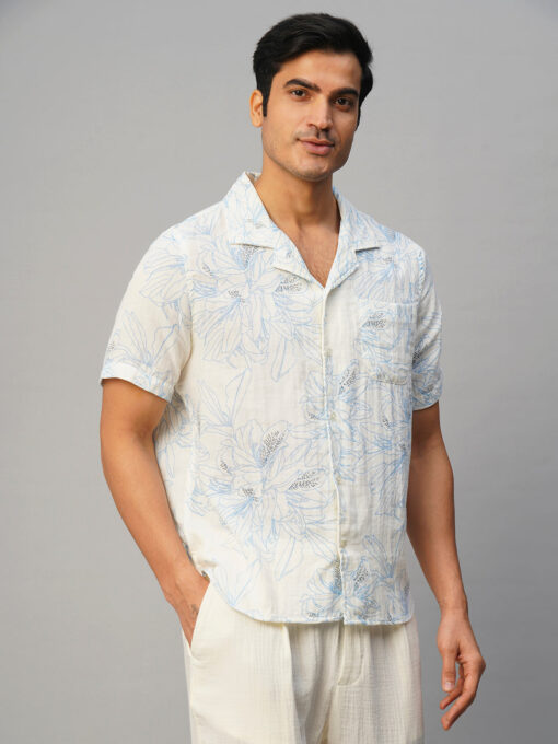 Men's Blue Cotton Loose Fit Printed Shirt - Image 4