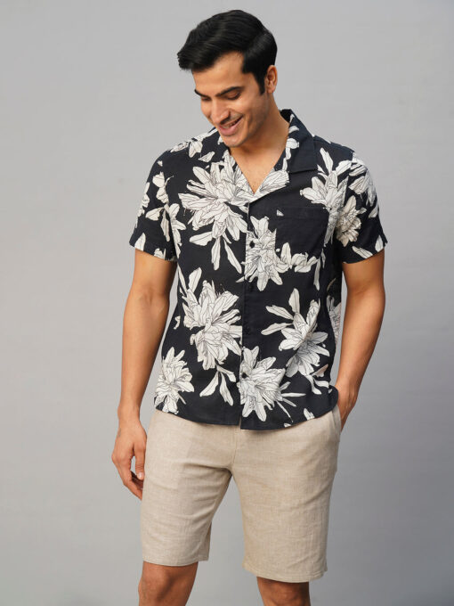 Men's Navy Cotton Flax Loose Fit Printed Shirt - Image 2