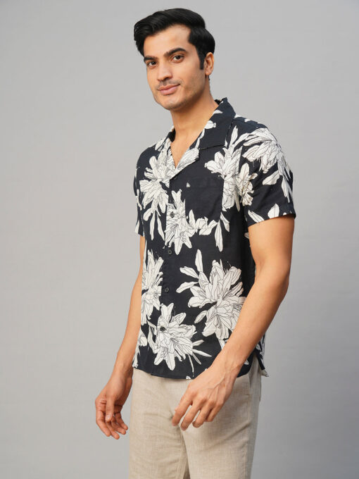 Men's Navy Cotton Flax Loose Fit Printed Shirt - Image 3